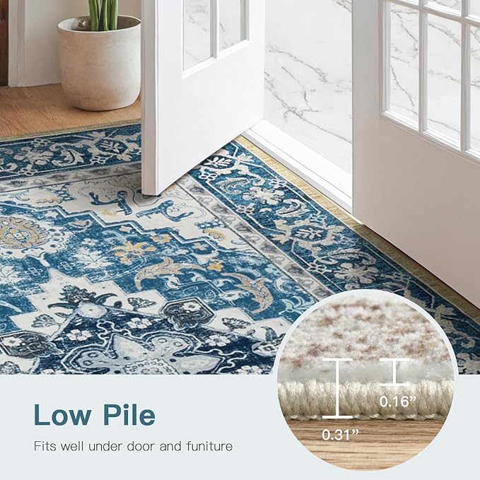 Lofus 8x10 Area Rugs for Living Room, Washable Area Rug, Rugs for Bedroom, Kitchen, Vintage Boho Carpet, Soft Non-Slip, Low Pile Large Area Rug for Office Dining Room, Floral Light Blue