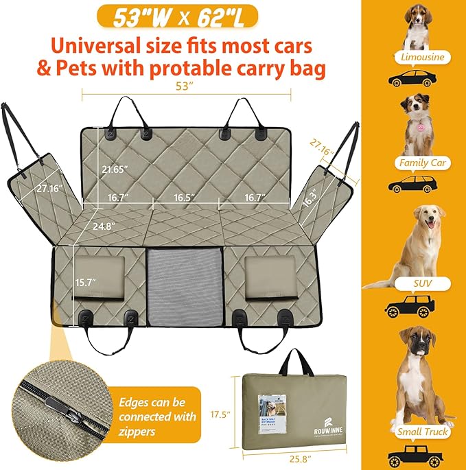 Back Seat Extender for Dogs-Large Space, Dog Car Seat Cover Hard Bottom Holds 420lbs, Sturdy Backseat Extender for Dogs, Upgraded Material,Waterproof Dog Hammock for Car SUV, Truck Khaki
