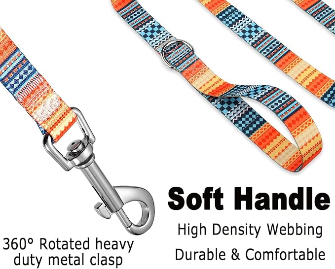 Dog Collar and Leash Set with Bohemia Floral Tribal Geometric Patterns - Soft Ethnic Style Collar Adjustable for Small Medium Large Dogs(Bohemian Orange Set,S)
