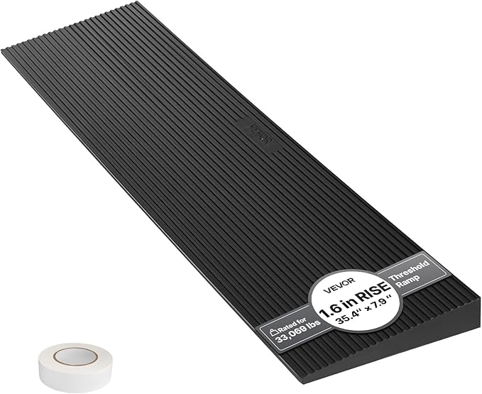 VEVOR 1.6" Rise Cuttable Threshold Ramp for Doorways, 35.4" Wide Natural Rubber Wheelchair Ramp, Non-Slip Solid Rubber Ramp with Double-Sided Tape for Doorways,Driveways,Bathroom,Smooth Tile
