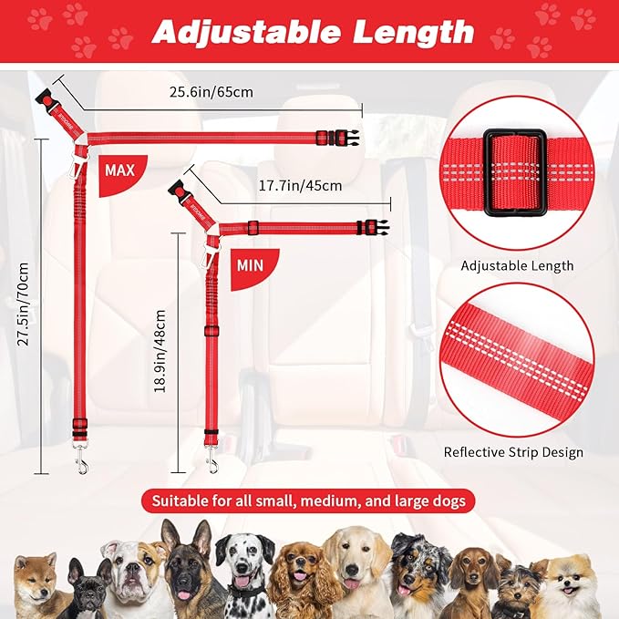 BWOGUE 2 Piece Dog Seat Belt for Car with Elastic Bungee Buffer Safety Seatbelt Car Headrest Restraint Wear Adjustable Metal Buckle Harness in Vehicle Travel for Pet