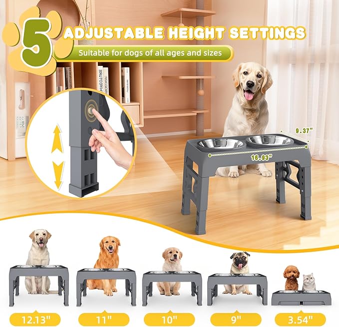 Elevated Dog Bowls for Medium Large Dogs - 5 Height Adjustable Mess Proof Raised Bowl Stand with 2 44oz Stainless Steel Food Bowls Dish Set Adjusts to 3.54’’-12.13’’ Non-Slip Grey