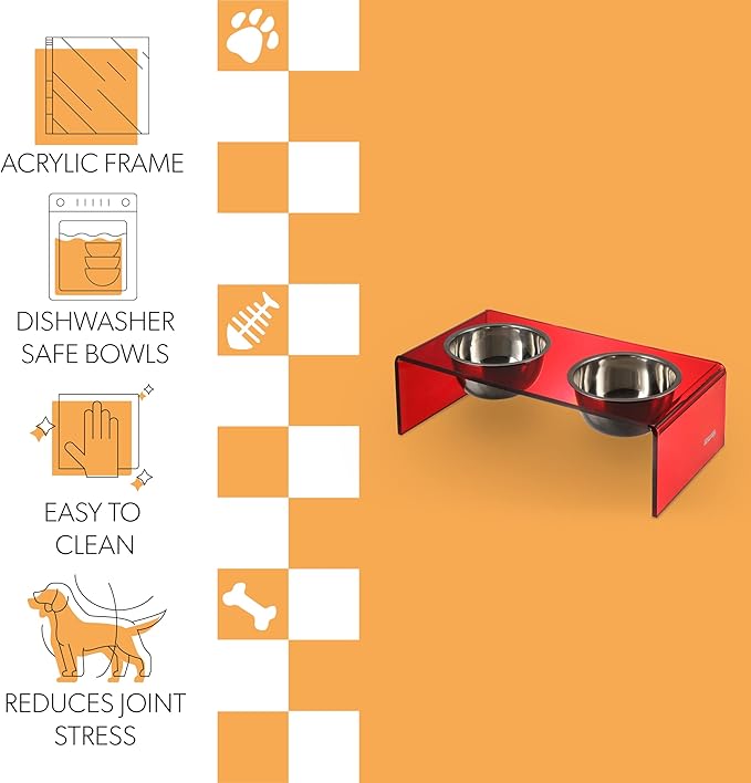 The LICKER Store DBL2001H Keaton 7.5" Medium/Large Modern Acrylic Rectangular Elevated Pet Feeder with 54oz 2-Stainless Steel Bowls, Red/Chrome