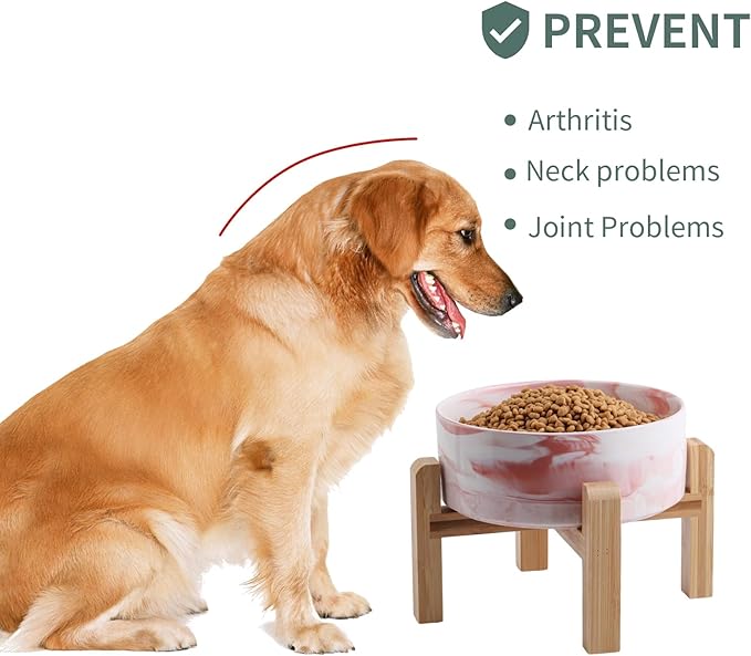 Raised/Elevated Ceramic Dog Bowl for Medium Large Sized Breeds,Dog Food Water Bowl with Stand,8 in 7.6 Cups Non Slip Heavy Weighted Marble Pink