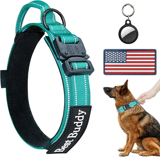 AUBELL Reflective Tactical Dog Collar,Adjustable Military Heavy Duty K9 Collars with Handle and Quick Release Metal Buckle Great for Extra Large Dogs, with Airtag Case and 2 Patches (Teal,XL)