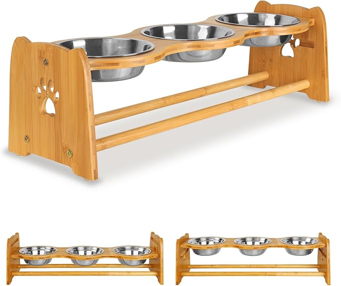 X-ZONE PET Elevated Dog Bowls for Cats and Dogs, Adjustable Bamboo Raised Bowls for Medium Dog, Food and Water Bowls Set Stand Feeder with 2 Stainless Steel Bowls Anti Slip Feet (Height 4.7" to 7")