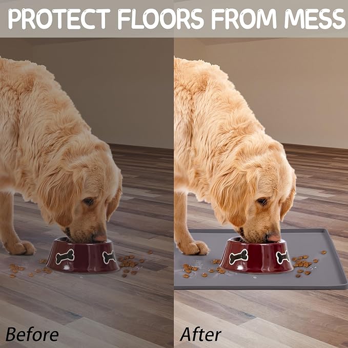 MateeyLife Silicone Cat & Dog Food Mat for Floors Waterproof, Anti-Slip Dog Bowl Mats for Food and Water, Pet Feeding Mats with Lip to Prevent Spills, Pet Placemat for Messy Drinkers to Protect Floors