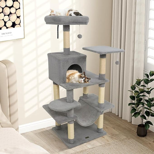 PETSITE Multi-Level Cat Tree, 58 Inches Tall with Sisal Scratching Posts, Condo, Hammock, Dangling Balls, Jumping Platforms, and Cozy Top Perch, Ideal for Indoor Cats to Play and Rest (Grey)