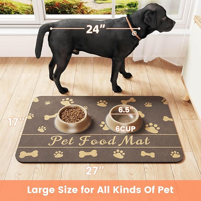 Pet Feeding Mat-Absorbent Pet Placemat for Food and Water Bowl, with Waterproof Rubber Backing, Quick Dry Water Dispenser Mat for Dog and Cat (27"x17", Brown)
