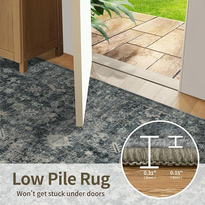10x14 Area Rugs for Living Room Bedroom, Large Washable Rug, Blue Vintage Retro Boho Rug, Non Slip & Low Pile Faux Wool Thin Carpet for Indoor Dining Room and Kids Room(Blue 10x14ft)