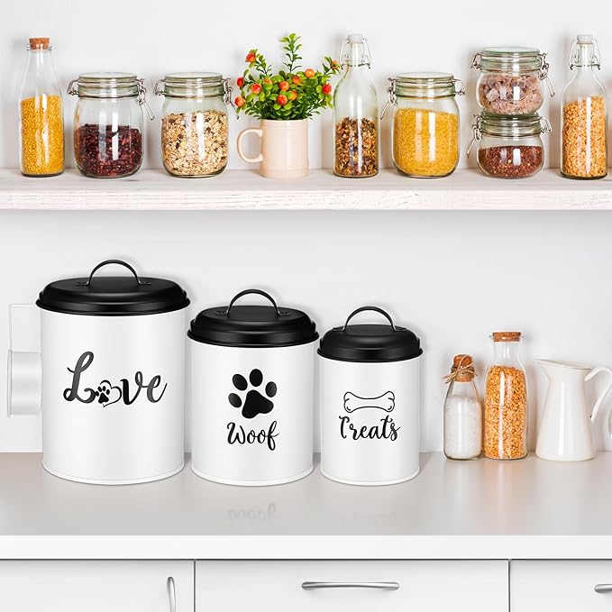 Dog Food Containers Set of 3 with Lids and Spoon Airtight Metal Dog Treat Snack Jars with DIY Labels Big Pet Cookie Storage Jar for Farmhouse Kitchen Counter(White)