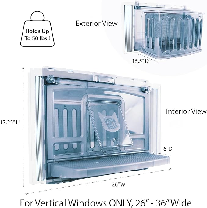 VistaBella Window Catio Perch & Litter Box – Fits 26-32" Vertical Windows, Luxury Indoor Cat Window Box, All-Weather Comfort, Natural Odor Removal, Portable Easy Clean, 2-Year Protection, Made in USA