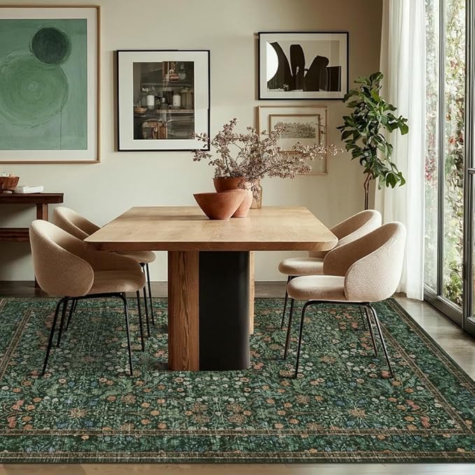 4x6 Area Rugs for Living Room Bedroom, Large Washable Rug, Green Vintage Floral Boho Rug, Non Slip & Low Pile Wool Accent Carpet for Indoor Dining Room, Kids Room and Office(Green 4x6ft)