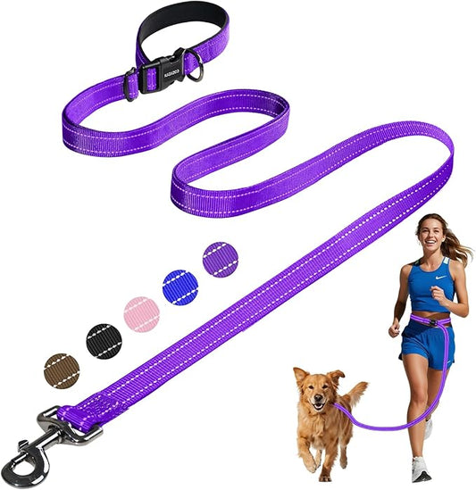 Kazazoo Hands-Free Dog Leash Adjustable Length 5-8 Ft, Waist for Dog Walking, Running for Small &Medium Dogs with Reflective Strips, Ballistic Nylon, Waist Belt, Lightweight Purple