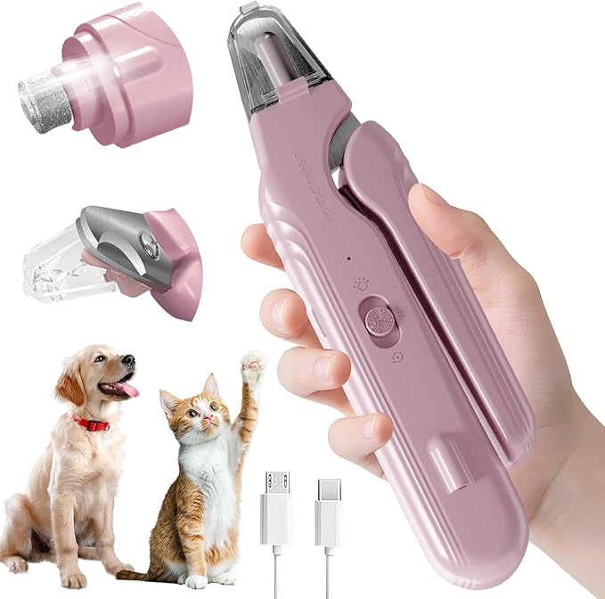 KWV 2 in 1 Cat Nail Clippers & Dog Nail Clippers Trimmers for Medium Small Dogs Cats Claw Trimmer Quick Sensor USB Rechargeable with 2 LED Lights Dogs Nail Trimmer (Pink-Not for Black Nails)