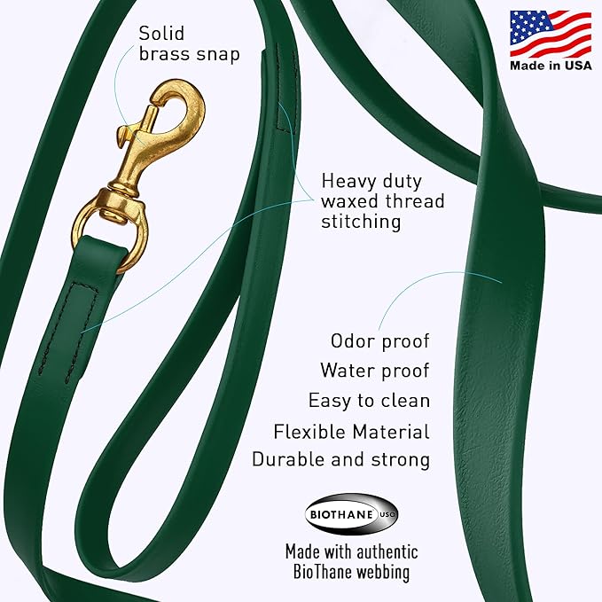 Viper Biothane K9 Working Dog Leash Waterproof Lead for Tracking Training Schutzhund Odor-Proof Long Line with Solid Brass Snap for Puppy Medium and Large Dogs, 20ft Hunter Green