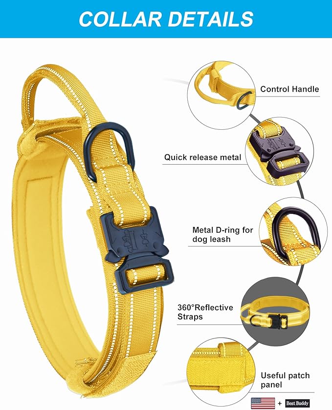 AUBELL Reflective Tactical Dog Collar,Adjustable Military Heavy Duty K9 Collars with Handle and Quick Release Metal Buckle Great for Large Dogs, with Airtag Case and 2 Patches (Yellow,L)