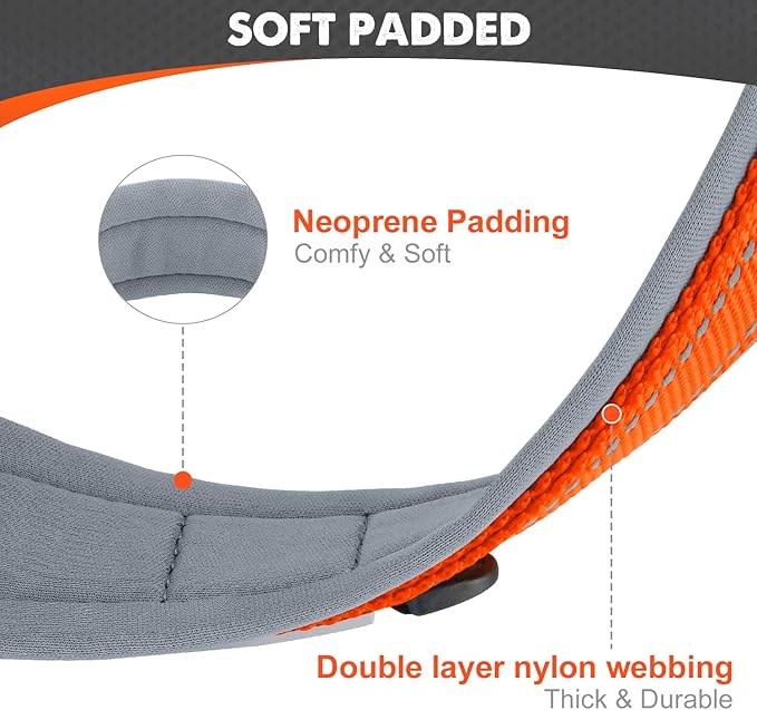 Joytale Dog Collar for Large Dogs, Neoprene Padded and Adjustable, Reflective Wide Heavy Duty Pet Collars with Durable Metal Belt Buckle for Walking, Orange, L