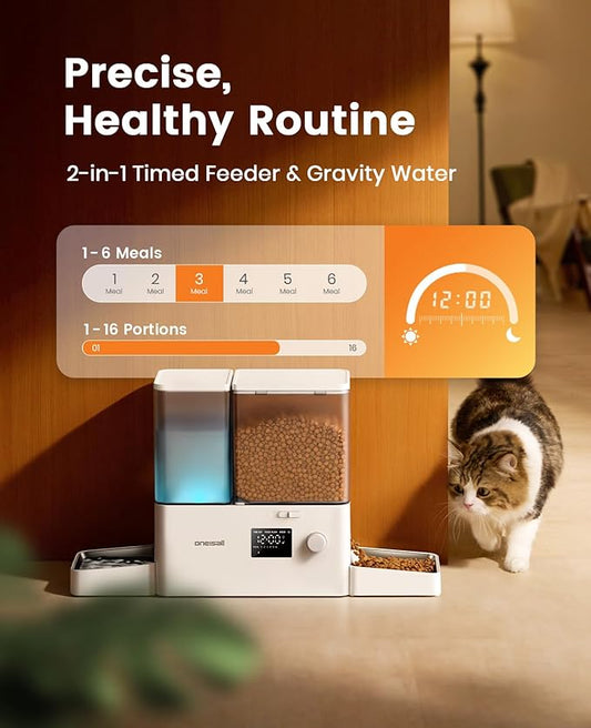 oneisall Automatic Cat Feeder and Water Dispenser, 36Cups/8.5L 2-in-1 Large Capacity 5L Timed Cat Food and 3.5L Gravity Water Dispenser for Pets, Puppies, Kittens