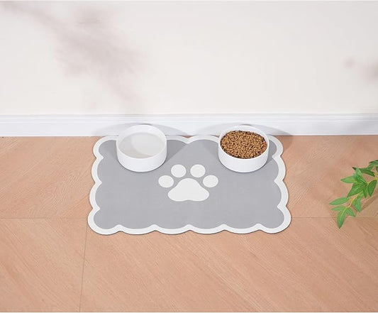 Ralxion Scalloped Dog Feeding Mat, Absorbent Mats for Dog Food and Water Bowl, Dispenser, Cute Elegant Aesthetic Preppy Grey Scallop Pet Placemat for Dogs, Cats, Puppy Accessories, 14" X 19”