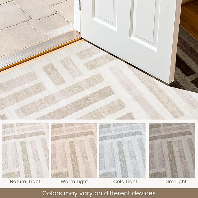 Washable Area Rugs, 2x6ft Soft Rug for Living Room and Bedroom Vintage Striped Rug Stain Resistant with Non Slip Backing Geometric Checkered Foldable Print Mat for Home Decor