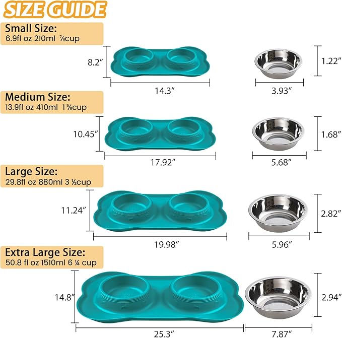 Hubulk Pet Dog Bowls 2 Stainless Steel Dog Bowl with No Spill Non-Skid Silicone Mat + Pet Food Scoop Water and Food Feeder Bowls for Feeding Small Medium Large Dogs Cats Puppies (Extra Large, Green)