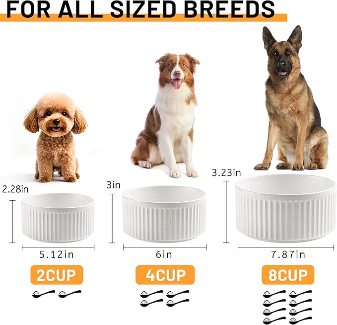Non-Slip Ceramic Dog Bowls,8" Dog Food and Water Bowl Set with Silicone Base, 64oz/8cups Weighted Flip-Proof Pet Feeding Bowl for Medium and Large Dogs (2Pack,White)