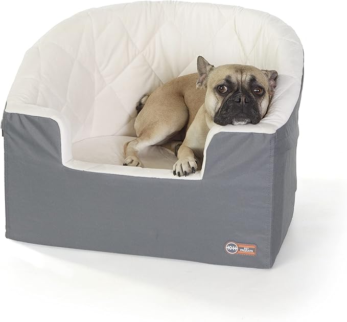K&H Pet Products Bucket Booster Dog Car Seat, Seat Belt Secured, 2 Safety Leashes, Washable Covers, Sturdy Dog & Cat Booster Seat, Carriers for Small to Medium Pets - Large Gray/Cream