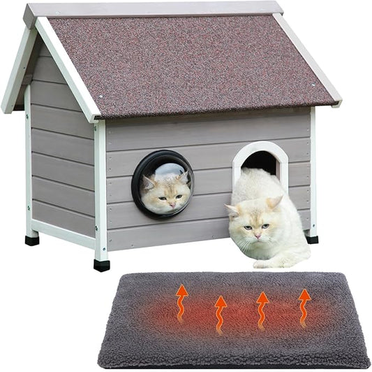 Rockever Outdoor Cat House, Waterproof Feral Cat House for Outdoor Cats with Escape Door and Clear Windows for 2 Cats(with Self Warming Mat)
