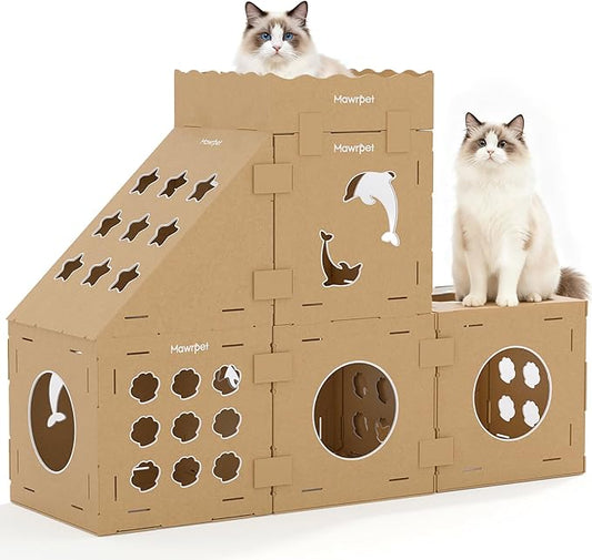 DIY Cardboard Cat House with Scratching Pad, Cat Tower Indoor Play House, Versatile Cardboard Cat Tunnel Box for One or More Pets, Indoor Use Rabbit Hideout Cave Castle Brown, 6 Parts