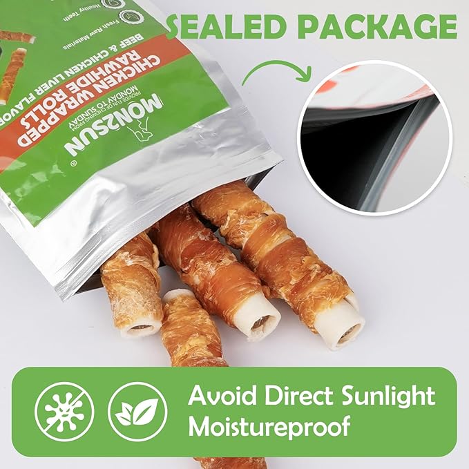 MON2SUN Dog Treats 5 Inch Chicken Wrapped Stuffed Rawhide Rolls with Beef and Chicken Liver, Rawhide Chews for Small and Medium Dogs, 21.2 oz (12 Count)