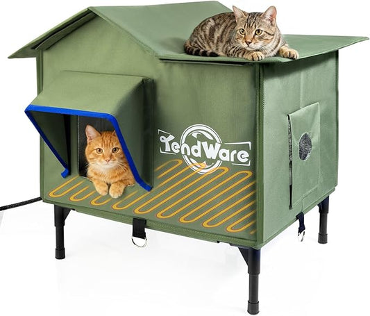 Outdoor Cat House Heated Cat House for Outside with Elevated Base Cat-Attracting Eave Design Feral Stray Shelter Weatherproof in Winter Garage Yard Porch