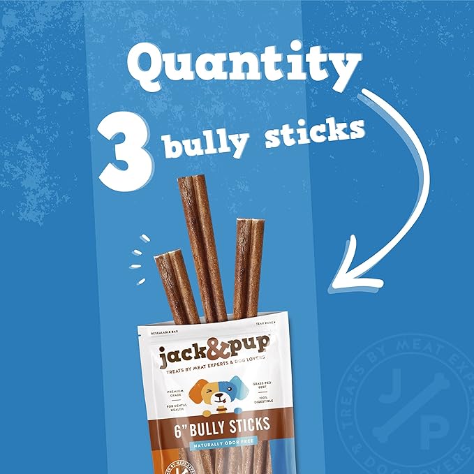 Jack&Pup 6 Inch Jumbo Bully Sticks for Dogs (3 Pack) Single Ingredient Dog Bully Sticks for Large Dogs and Aggressive Chewers