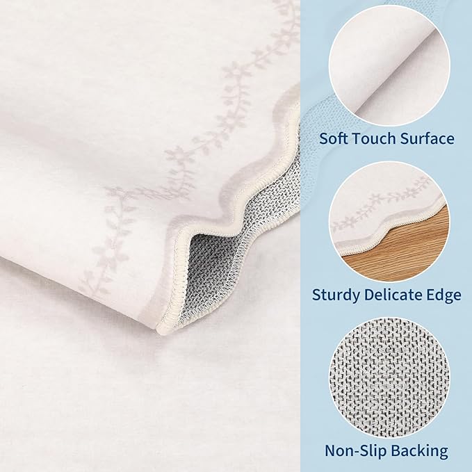 GarveeHome 2.6x10 Scalloped Washable Runner Rug for Kitchen, Soft Beige Long Hallway Runner Non Slip Entryway Rug Farmhouse Thin Laundry Mat Stain Resistant Carpet for Bathroom Beside Rug