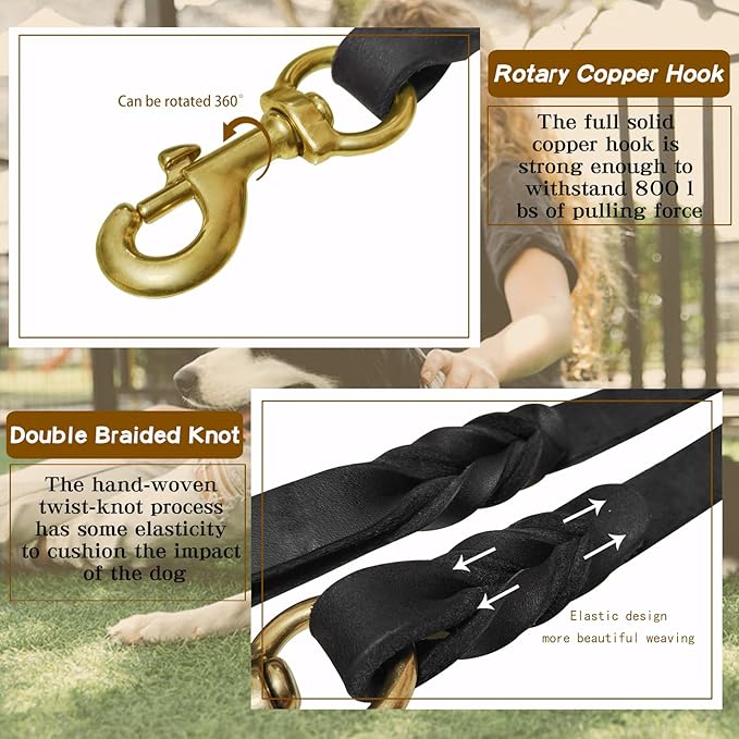 Leather Dog Leash 6ft x 1/2 inch,Strong Heavy Duty Genuine Leather Braided Dog Training Leash, Soft and Comfortable Leather Leash for Large Dogs, Medium Small Dogs (Black, 6FT*1/2in)