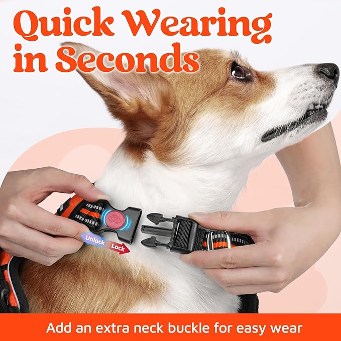 rabbitgoo Dog Harness Small Sized, No Pull Dog Vest with 3 Buckles, Adjustable Soft Padded Pet Harness with Easy Control Handle and Reflective Strips, Orange, S