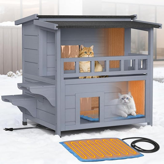 Outdoor Cat House - Heated Cat House for Outside 2-Story, Wooden Insulated Cat Houses Weatherproof with Balcony, Winter Warm Feral Cat Shelter with Heated Pad, Escape Door, for Multiple Cats