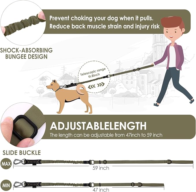 Hotsky Tactical Dog Leash Heavy Duty for Medium Large Dogs That Pull,4-6Ft Strong Bungee Shock Absorbing No Pull Dog Leash with Padded Double Handle and Car Seatbelt,Army Green