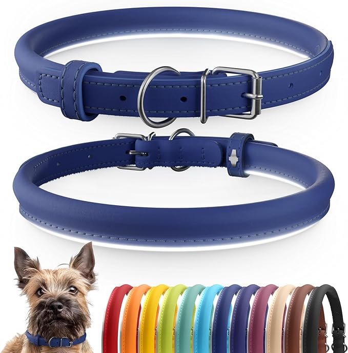 CollarDirect Rolled Leather Dog Collar, Soft Padded Round Puppy Collar, Handmade Genuine Leather Collar Dog Small Large Cat Collars 13 Colors (6-7 Inch, Deep Blue Smooth)