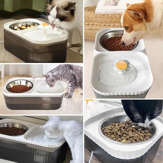 Suertree Cat Water Fountain Food Bowl Stainless Steel, 101oz/3L Automatic Pet Water Fountain, Dog Water Dispenser with Smart Pump 2 Filters for Cats, Dogs, Multiple Pets