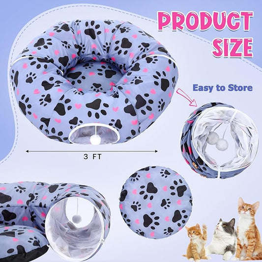 Large Cat Tunnel Bed for Indoor Multifunctional Cat Donut Tunnel Claw Design with Dangling Balls for Small Medium Large Cats Kitten Rabbit Puppies Christmas Party Gifts