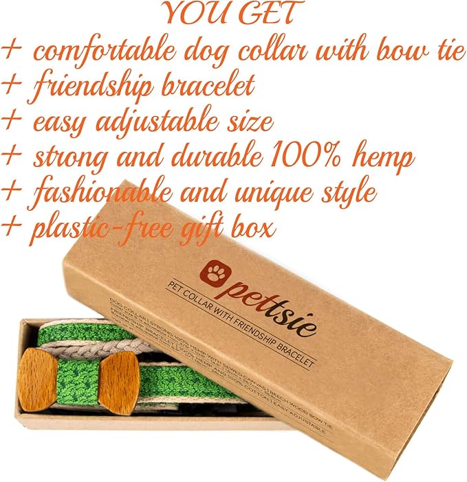 Pettsie Adjustable Dog Bow Tie Collar with Matching Owner Friendship Bracelet – Stylish & Durable Pet Accessory, Soft Hemp & Cotton, Secure D-Ring, Gift-Ready Set, Small, Green