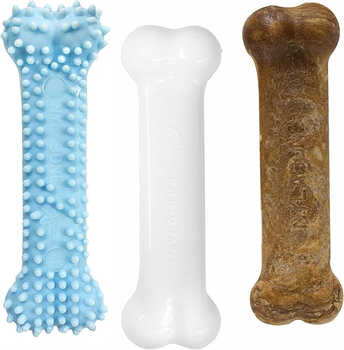 Nylabone New Puppy Starter Kit, Chew Toys & Natural Chew Treat for Puppies, Puppy Enrichment Teething Toys, Blue, Long Lasting Chicken & Bacon Flavor, Small Dogs - Up to 25 Ibs, 3 Pack