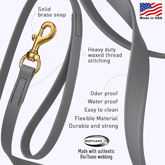 Viper Biothane K9 Working Dog Leash Waterproof Lead for Tracking Training Schutzhund Odor-Proof Long Line with Solid Brass Snap for Puppy Medium and Large Dogs, 20ft Battleship Gray