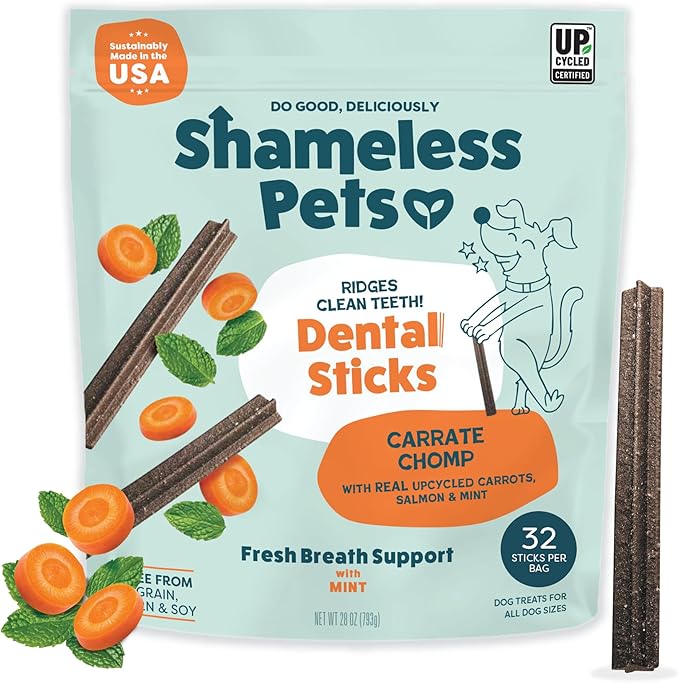 Shameless Pets Carrot & Mint Dental Chews for Dogs, 32 Chews - Natural Dog Teeth Cleaning Treats with Fresh Breath Benefits | Grain-Free Dental Sticks for Small, Medium & Large Dogs
