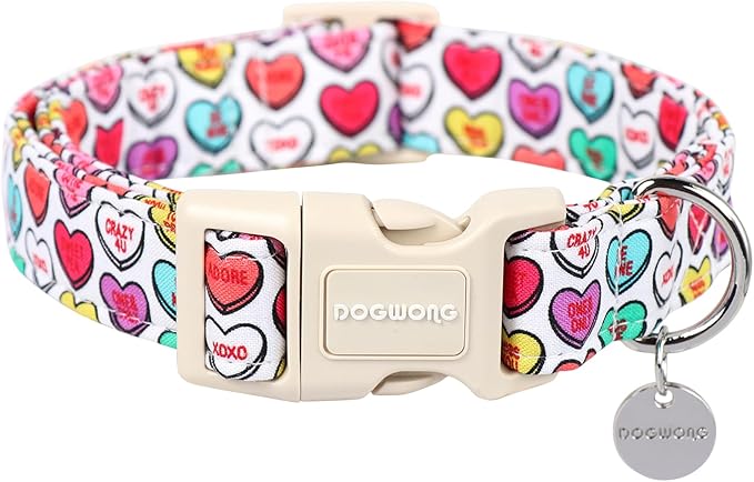 DOGWONG Valentine's Dog Collar, XL Heart Candy, Soft Cotton, Adjustable, Valentine's Day Design, Small & Medium Dogs