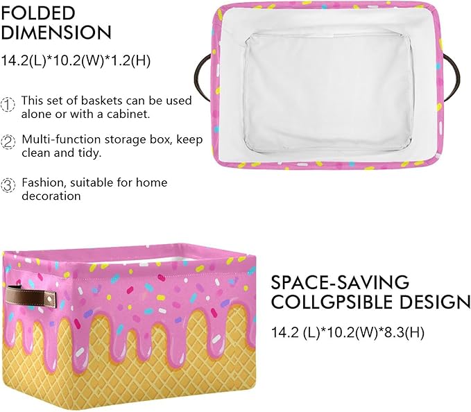 Wamika Ice Cream Drip Baseball Storage Basket with Waterproof Liner and PU Handles Purple Pink Storage Bins Boxes 14.2" Collapsible Decorative Organizer Baskets for Bedroom Closet Office 1 Pack