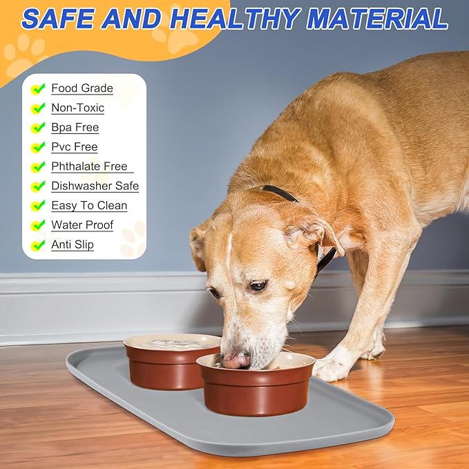 Silicone Pet Feeding Mat with Raised Edge for Food and Water, Dog Bowl Mats, Cat Bowls Placemat with High Lip for Floor Waterproof, Rubber Tray for Cats and Dogs 19 x 12 x0.7 Light Gray