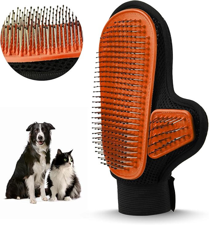 2025 Pet Grooming Glove with Tipped Pin Brush,Special Design Deshedding Glove, Perfect Petting Tool for Sensitive Dogs & Cats with Long & Medium Fur, Massage Mitt - Right-Hand - Orange