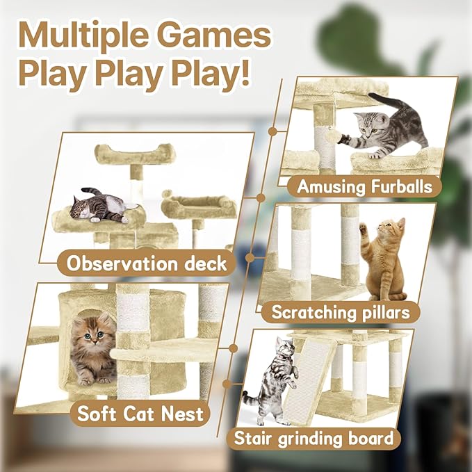 67 Inch Indoor Cat Tree/Multi-Tier Large Cat Climbing Shelf for Big Cats/Tower with Condo/Cozy Plush Perch/Corner Cat Climbing Tree/Sisal Scratching Post and Hammock (Beige)